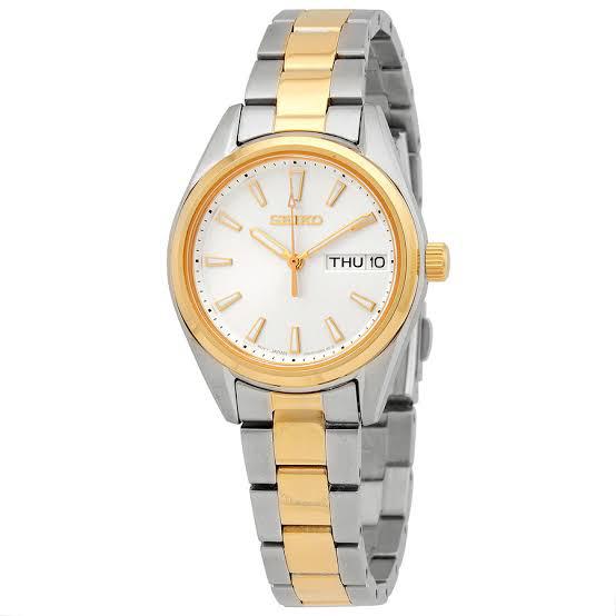 SEIKO SUR454P1 LADIES ANALOG QUARTZ MOVEMENT SUR454 SUR454P CLASSIC WHITE DIAL SILVER GOLD STAINLESS