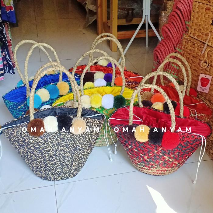 Tas Anyam Pandan/Tas Anyam motif blirik/Tas anyam pom-pom