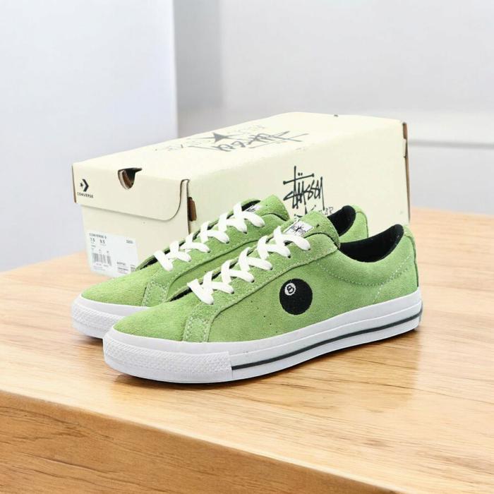 Sepatu Converse x Stussy One Star PRO Ox Low 8 Ball Green Flash White Black Original 100%