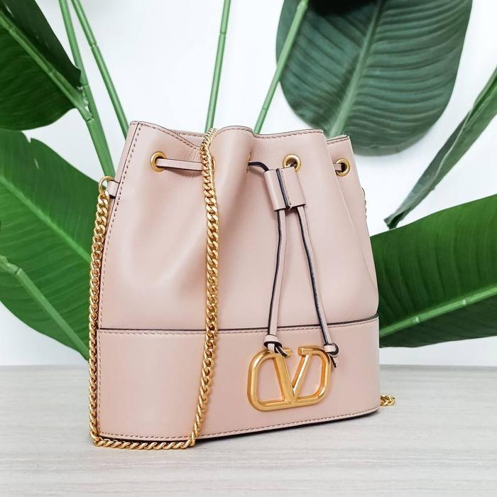 Preloved Valentino Vlogo Leather Bucket Bag Nude GHW