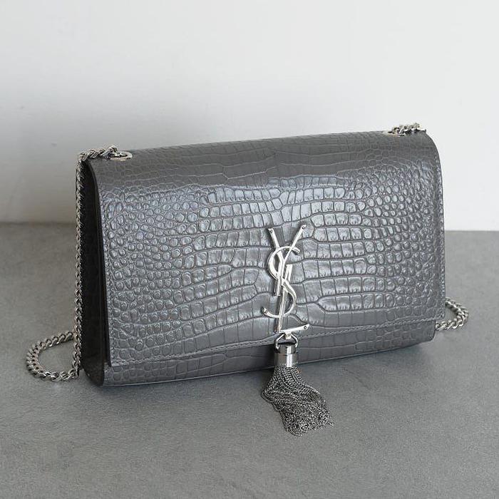 YSL SAINT LAURENT Medium Kate Bag in Grey Croco SHW