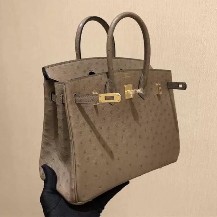 HANDBAG 25 OSTRICH  LIGHT BROWN GHW