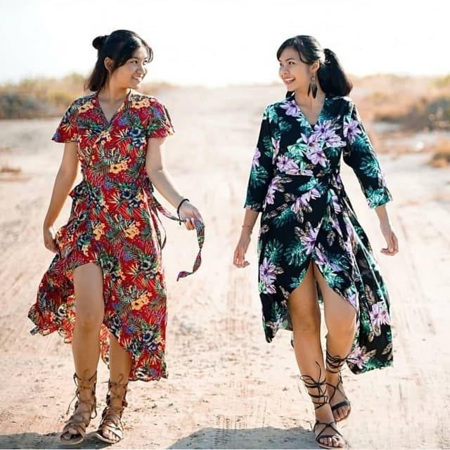 Baju Dress Pantai Bali Long Wrap Dress Bunga (Hijab Friendly)