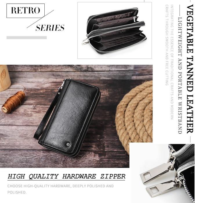 Original Contact's Dompet Panjang Pria Kulit Asli Crazy Horse Leather Retro Vintage Clutch Hand Wall