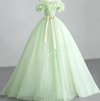 Gaun Prom Tulle Berkilau Gaun Prom Tulle Hijau Payet Bahu Terbuka Bunga 3D Gaun Prom Tulle Hijau Pan