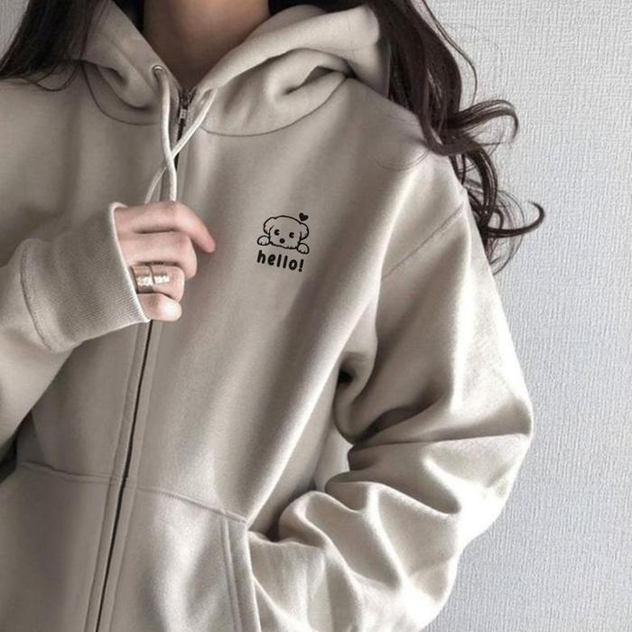 Mega Harvional Hoodie Zipper Dog Hello (Bordir) Size S - Xxl ( Pria & Wanita )