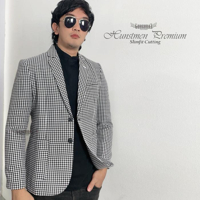 blazer pria premium motif tartan houndstooth hitam putih slimfit casual formal original realpicture 