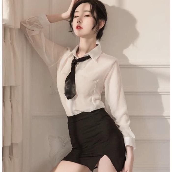 Lingerie Seksi Sekretaris Wanita Cosplay Seragam Guru Lengan Panjang Dasi Rok Mini Seksi