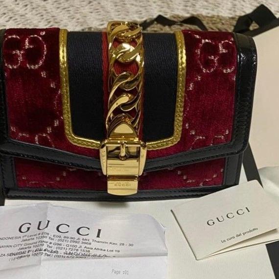 Gucci sylvie GG velvet mini burgundy slingbag
