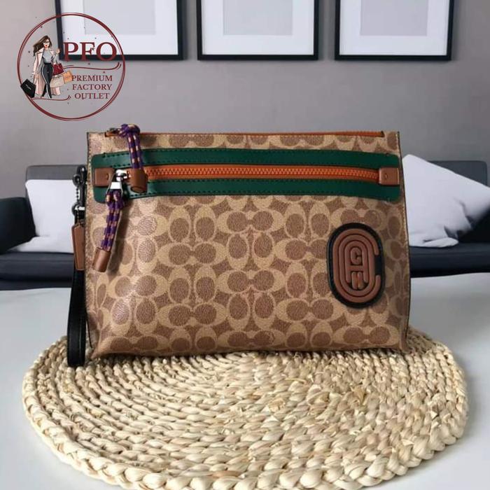 READY STOCK TAS F69213 Clutch Academy Pouch Signature Canvas Brown with Patch