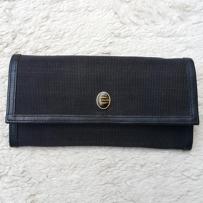 Dompet Wanita Capacci Panjang Lipat Kanvas Mix Kulit Asli Hitam