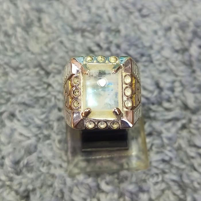 Cincin batu permata natural Moonstone Ceylon Biduri Bulan Air Laut Cutting Kotak 10x8x5 Ring Alpaka 