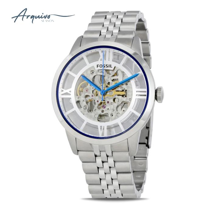 Jam Tangan Pria Fossil Automatic Townsman Silver Stainless Steel Mewah Original ME3044