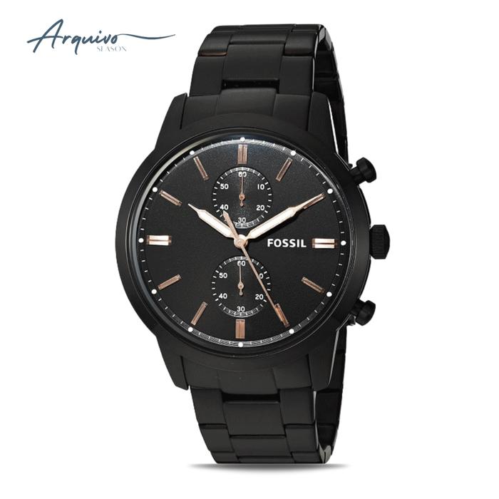 Jam Tangan Fossil Pria Townsman Chronograph Black Stainless Steel Sporty Mewah Original FS5379