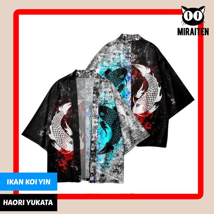 Haori yukata cardigan kimono ikan koi unisex cowo cewe bahan polyester berkualitas Baju Jepang