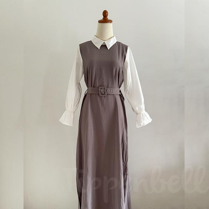 Dress Kemeja Wanita Taupe-White Kerah COTTON INK Modest Lengan Panjang - Size S [SPECIAL OFFERS]