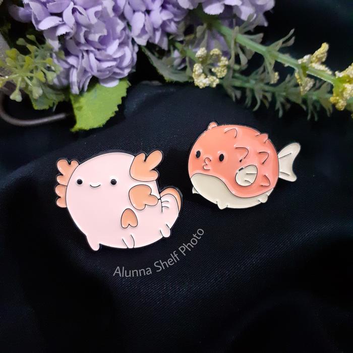 Pin Enamel Cute Axolotl Pufferfish Ikan | Hewan Laut | Bros Badge Aksesoris