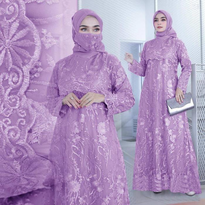 Gamis Soneta lilac dress pesta baju brukat masker M-L-XL-XXL son at