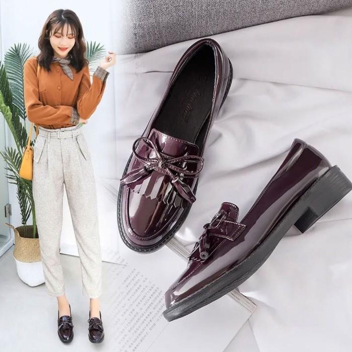 MIVELSHOES SEPATU WANITA MERAH MAROON FASHION KOREA STYLE GLOSSY PANTOFEL DOCKMART INDIAN LOAFERS SE