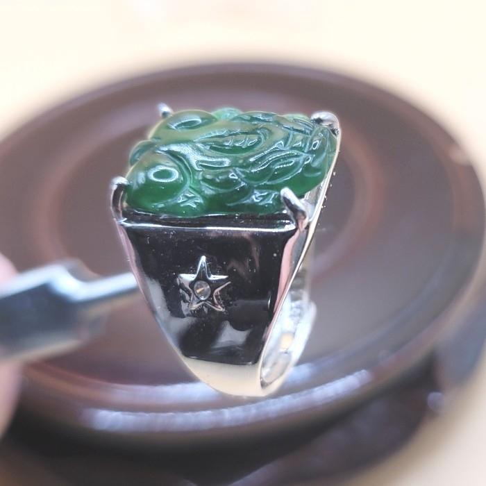 giok jadeite feicui tipeA cincin ikatan perak s925 ukiran pixiu 0981