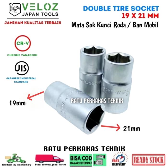 Veloz Kunci Roda Ban Mobil 19 x 21 mm 1/2 inch Mata Sock Double Tire Socket Sok Bolak Balik 19x21mm