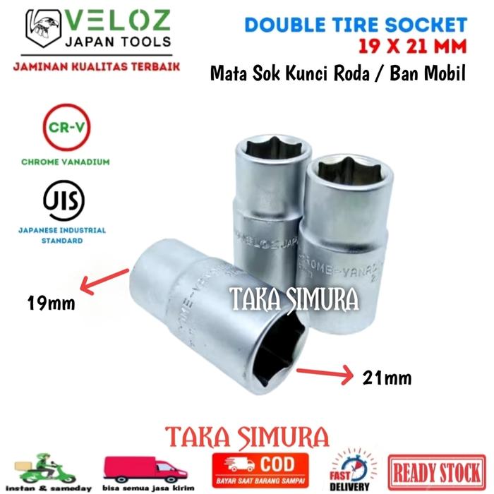 Veloz Kunci Roda Ban Mobil 19 x 21 mm 1/2 inch Mata Sock Double Tire Socket 19x21mm Sok Bolak Balik