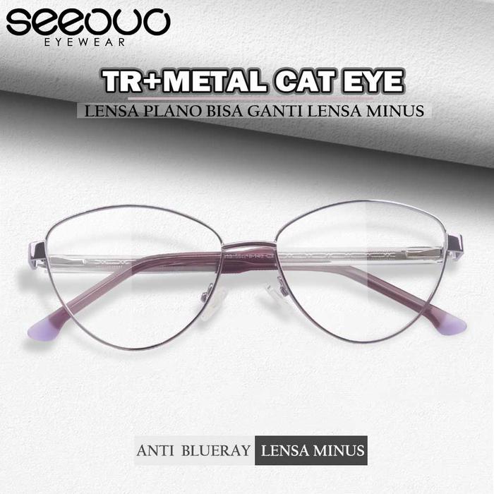 Seeouo Kacamata Frame Plano Lens Model Cat Eye Bahan TR+Metal Fashion Unisex Pria Dan Wanita Bisa Mi