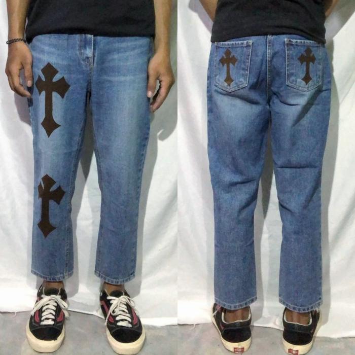 Celana Panjang Longpants Jeans 155 Blue Washed Fading Slim Custom Cross Chrome Hearts Original Secon