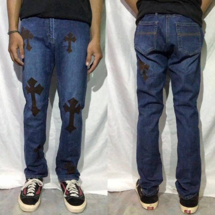Celana Panjang Longpants Jeans Sourberry Blue Washed Fading Slim Straight Custom Cross Chrome Hearts
