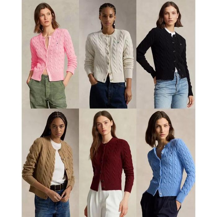 Cable-Knit Cotton Crewneck Cardigan - RL