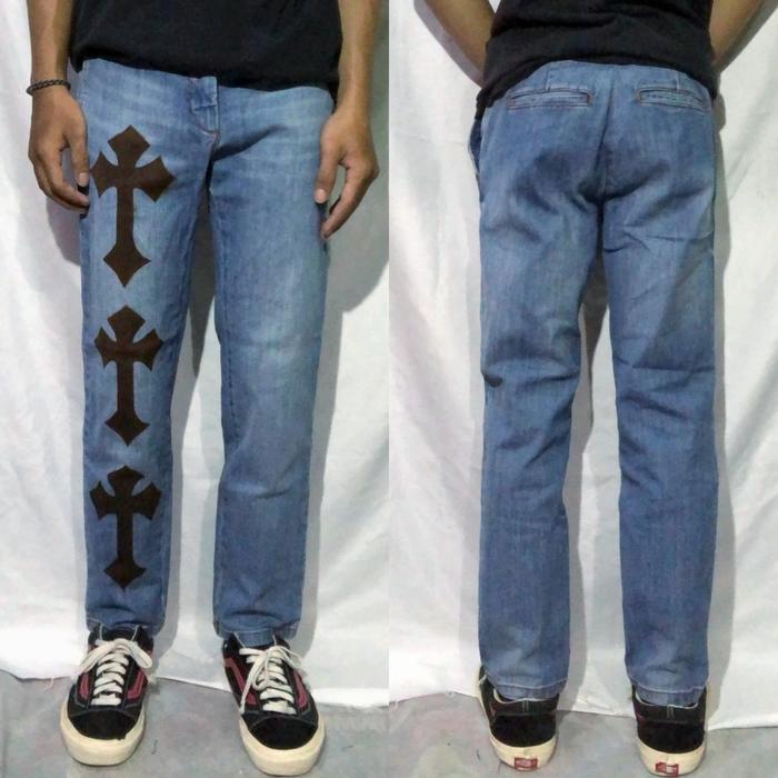 Celana Panjang Longpants Jeans Stefanel Blue Washed Fading Slim Straight Custom Cross Chrome Hearts 