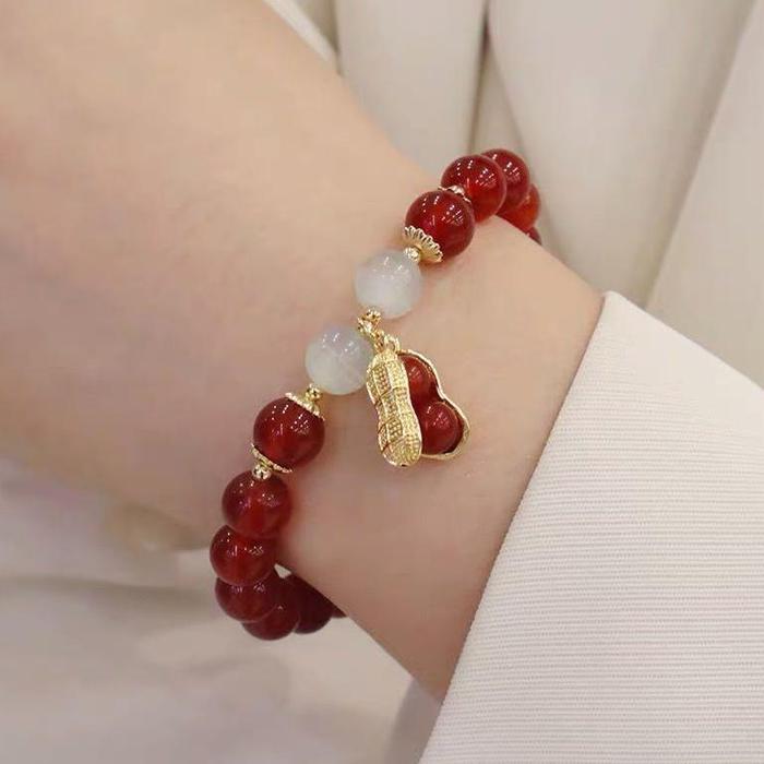 GL106 - Gelang Giok Asli Batu Kacang Merah Titanium/Gelang Giok Kacang Wanita Berlapis Emas 18K Anti