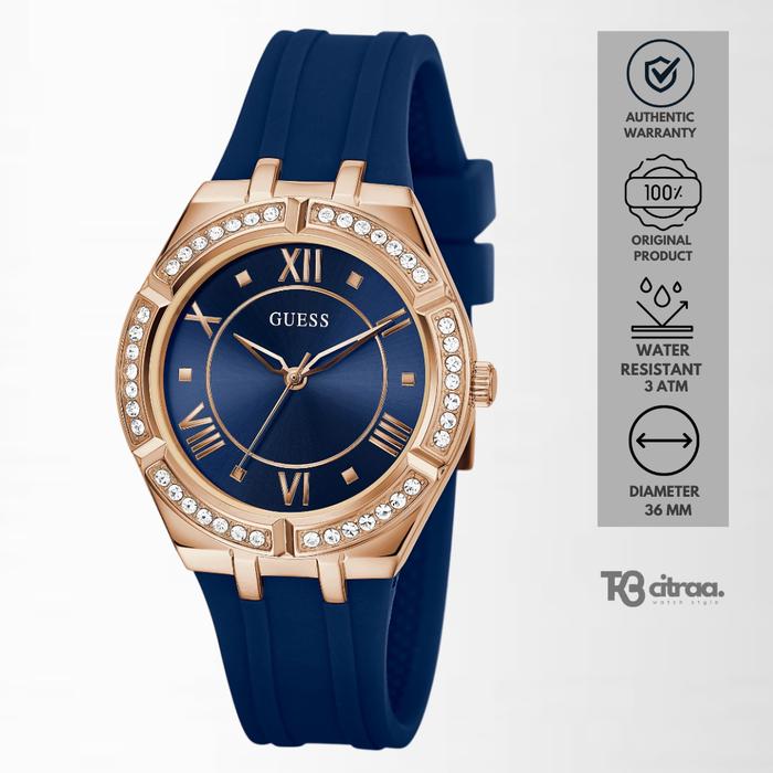 Jam Tangan Wanita Guess Cosmo Blue Rubber Silicone Rose Gold Case Mewah Casual Original GW0034L4