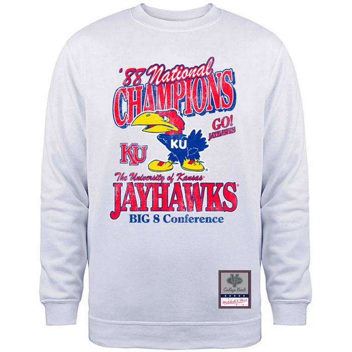 KANSAS UNIVERSITY MITCHELL AND NESS NCAA COTTON FLEECE PULLOVER CREWNECK SWEATSHIRT