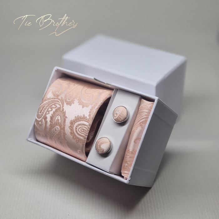 gift set tie isi dasi panjang long tie pria dewasa motif batik salmon peach pink rose, pocket square