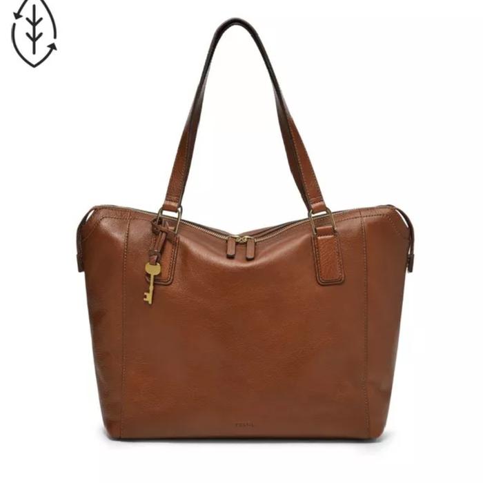 Tas Besar Wanita Original Fossil Jacqueline Large Tote Shopper Bag Brown Leather and Brown Black Mul