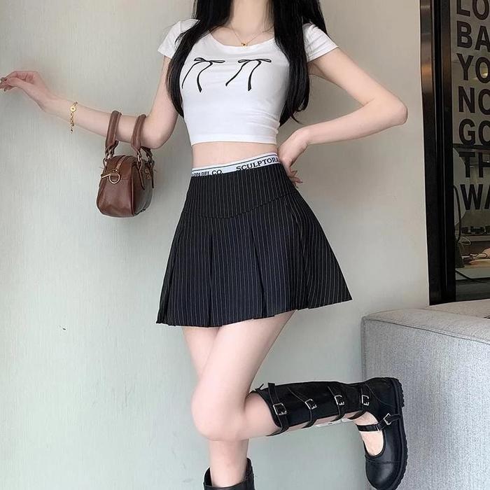 ROK CELANA IMPORT DOUBLE WAIST SKIRT KOREA STRIPE SKIRT STYLE ROK PLISKET MINI ROKCEL SALUR ROK MINI