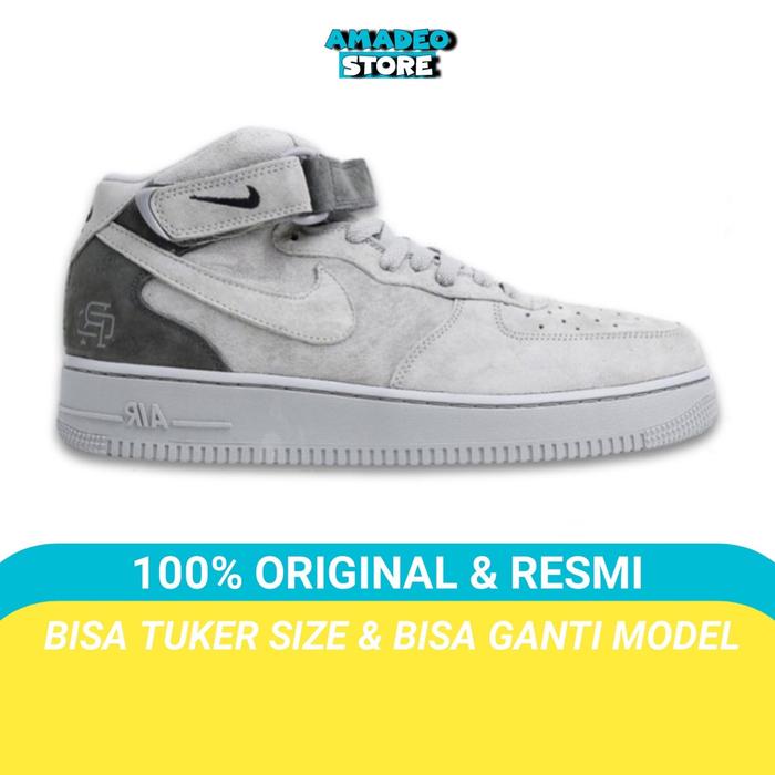 Sepatu Nike Air Force 1 Mid Reigning Champ Grey Black Original / sneakers pria