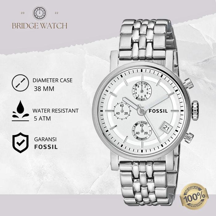 Jam Tangan Wanita Fossil Boyfriend ES2198 Chronograph Silver Stainless Steel Mewah Original