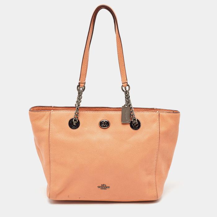 Coach Peach Leather Turnlock Chain Tote | Tote Bag | Tas Wanita