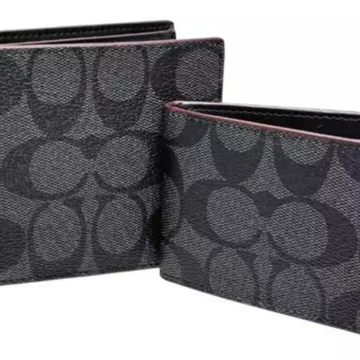 COACH Dompet Pria 3in1 Hitam Abu-abu Klasik Print Gift Set Hadiah Elegan Baru