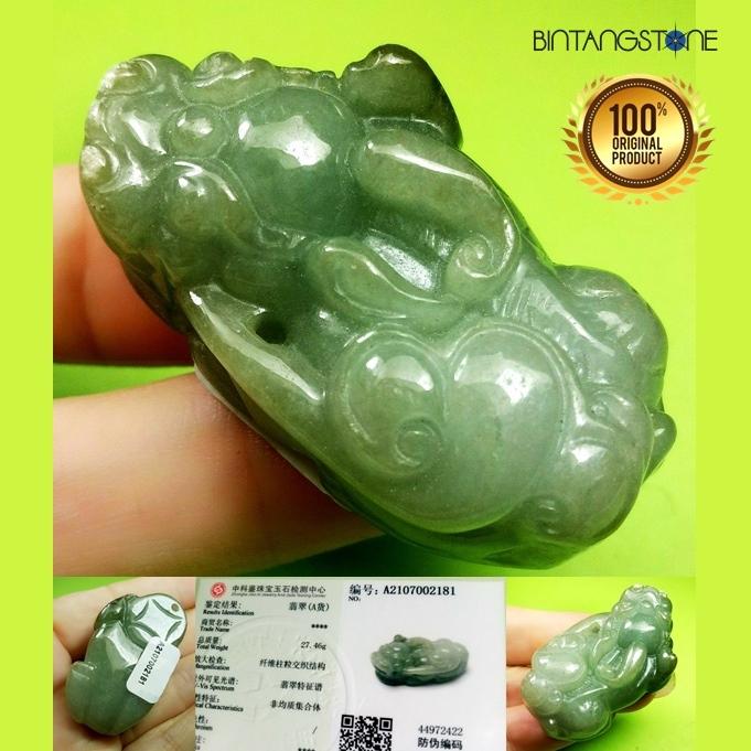 Kalung Giok 3D Type A Patung Kuno Mini Ori Burma Naga Kirin Asli Bersertifikat Bicolor Green Jadeite