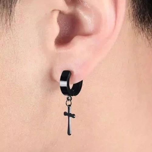 anting palsu titanium tanpa tindik murah warna hitam anting jepit salib 1 pcs anting cowok cewek