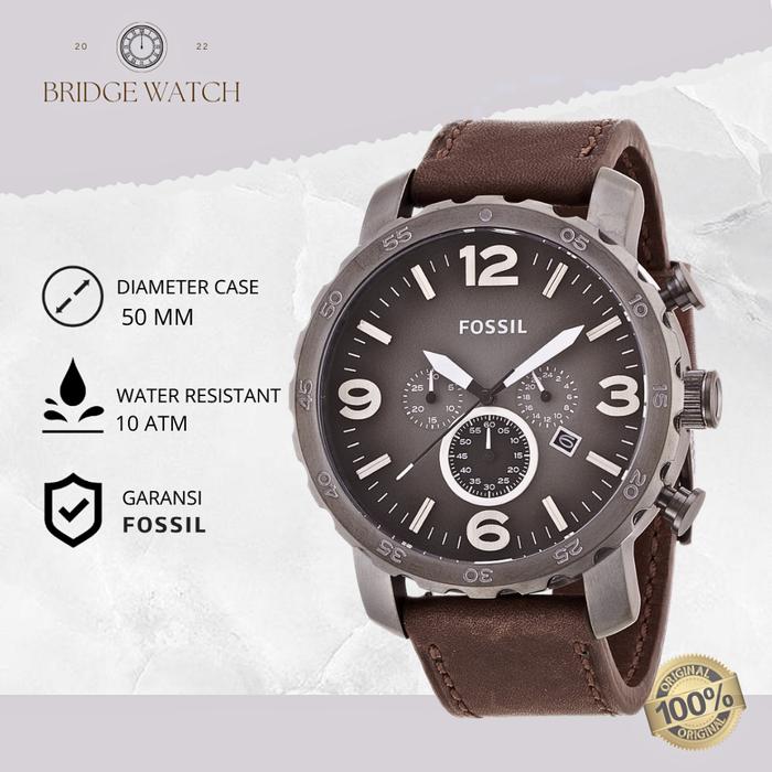 Jam Tangan Pria Fossil JR1424 Nate Chronograph Brown Leather Strap Kulit Sporty Casual Original