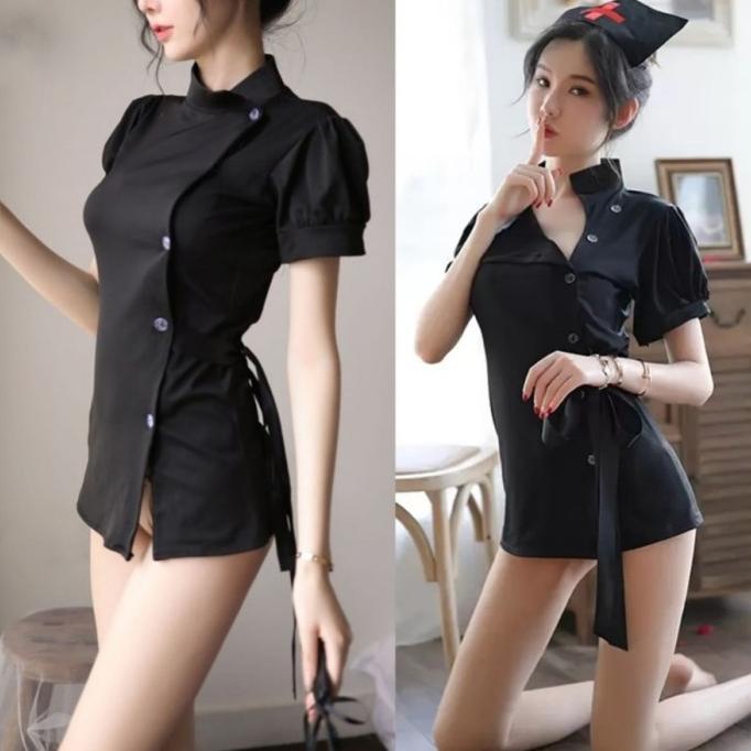 Sexy Lingerie Black Nurse Cosplay Suster Baju Perawat Gaun Hitam