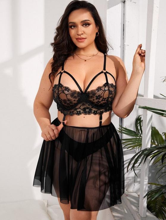lingerie seksi lace transparan / lingerie big size setelan 1016