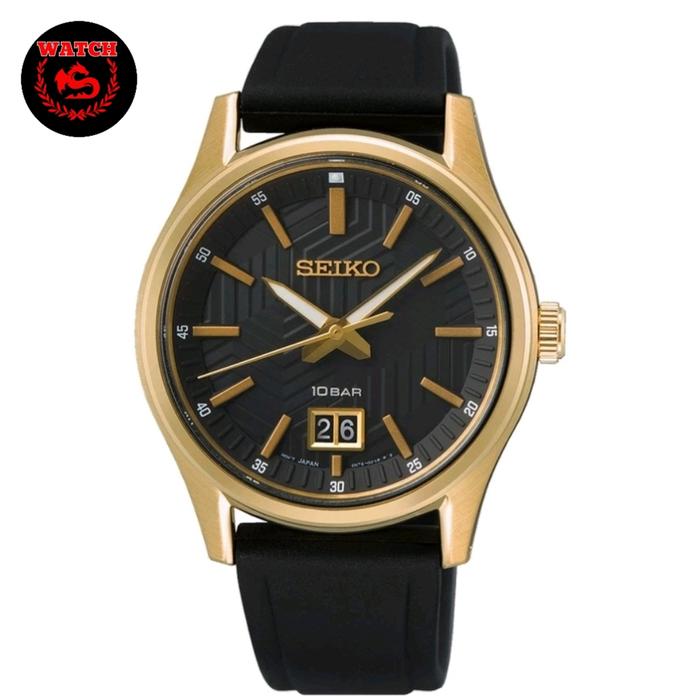 Jam Tangan Pria Seiko Classic Original Analog SUR560P1 Dial Black Gold Rubber Strap Official Warrant