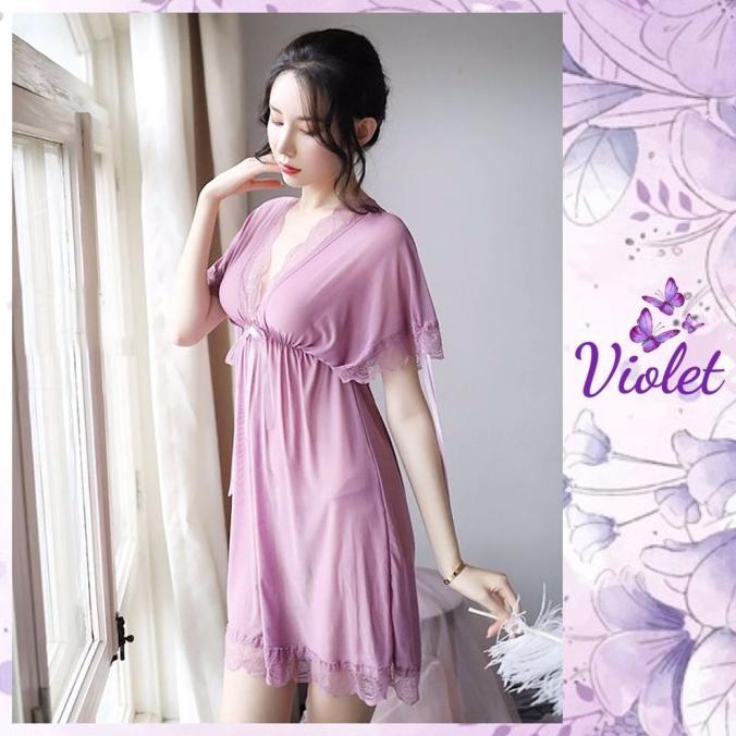 Violet Lingerie Set Wanita V Neck Jumbo + G String Seksi Babydoll 1151