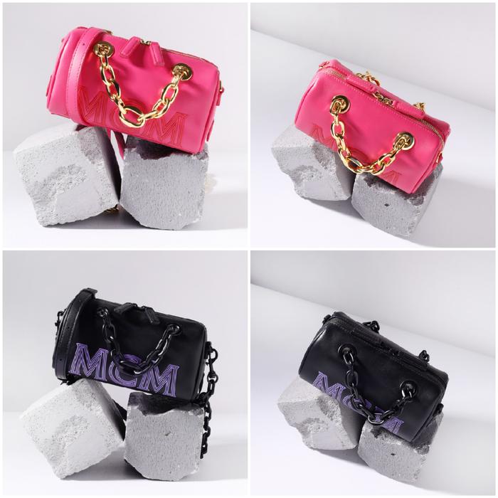 MCM Mini Boston Chain Shoulder Bag with Embossed Logo in 2 colors