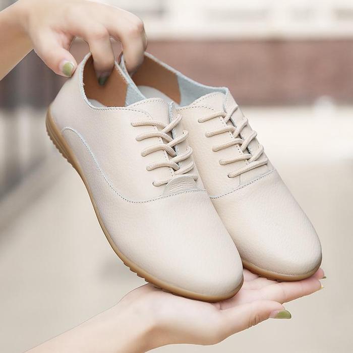 Borong 100% Kulit Asli Import Sepatu Kerja Wanita Flat Shoes Nyaman Cewek Kekan Sepatu Tali Orinal O